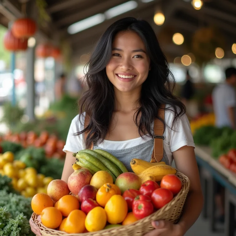 Mulher asiático-brasileira sorrindo com cesta de frutas.