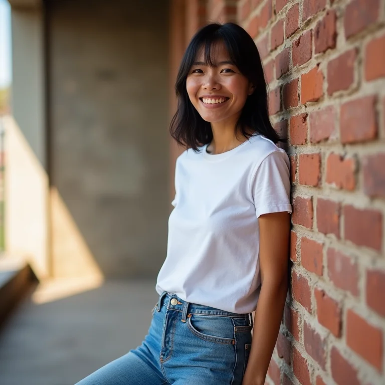 Mulher asiático-brasileira sorrindo com jeans, camiseta e sandálias de pescador.