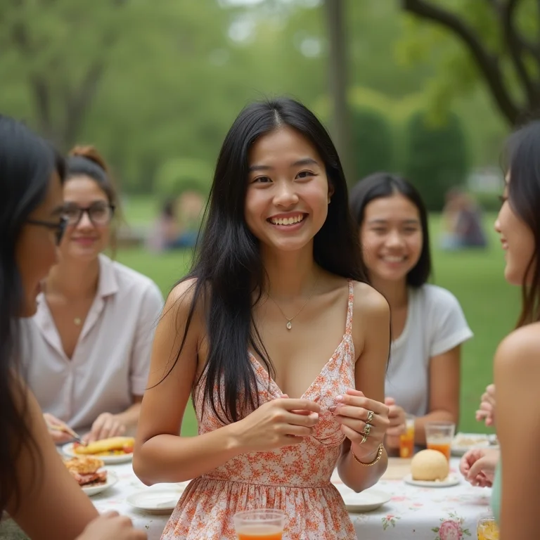 Mulher asiático-brasileira sorrindo em piquenique no parque.
