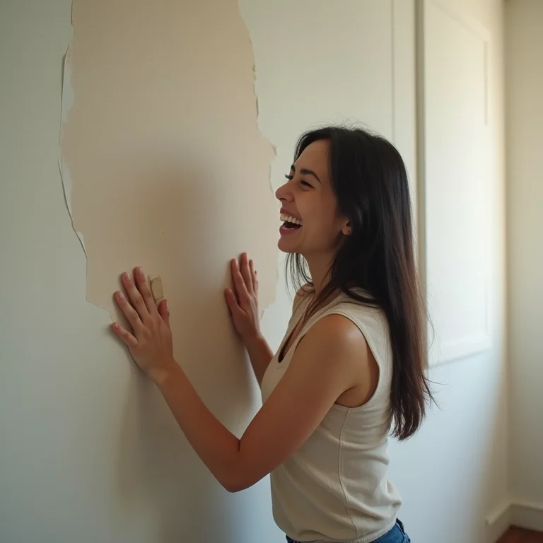 Mulher asiático-brasileira sorrindo enquanto aplica papel de parede na sala.