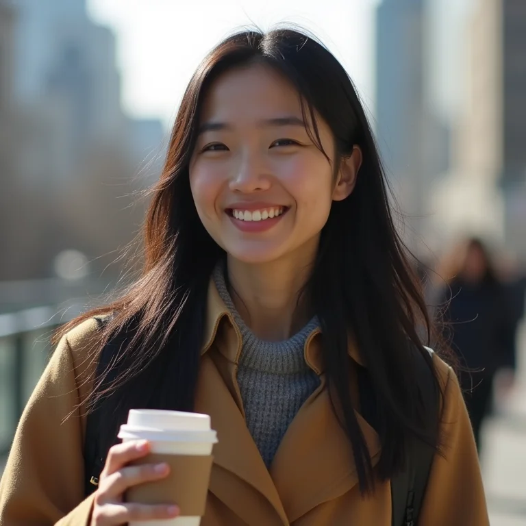 Mulher asiático-brasileira sorrindo no High Line.