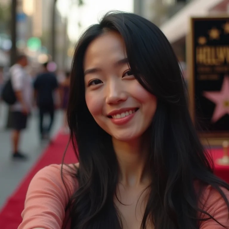 Mulher asiático-brasileira tirando selfie na Calçada da Fama