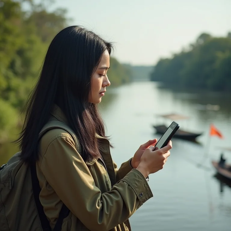 Mulher asiático-brasileira usando app de navegação perto do rio Amazonas.