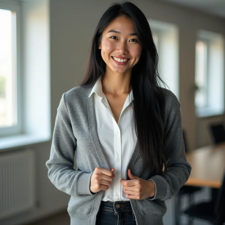 Mulher asiático-brasileira usando cardigã com camisa social e jeans