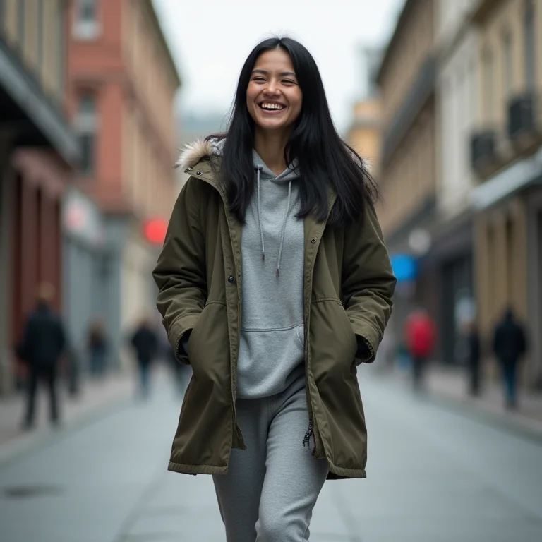 Mulher asiático-brasileira vestindo parka com moletom, calça jogger e tênis de cano alto.