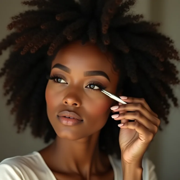 Mulher branca aplicando cílios postiços com pinça