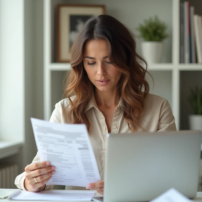 Mulher branca conferindo extrato bancário e contas, representando a importância de verificar as finanças para evitar golpes.