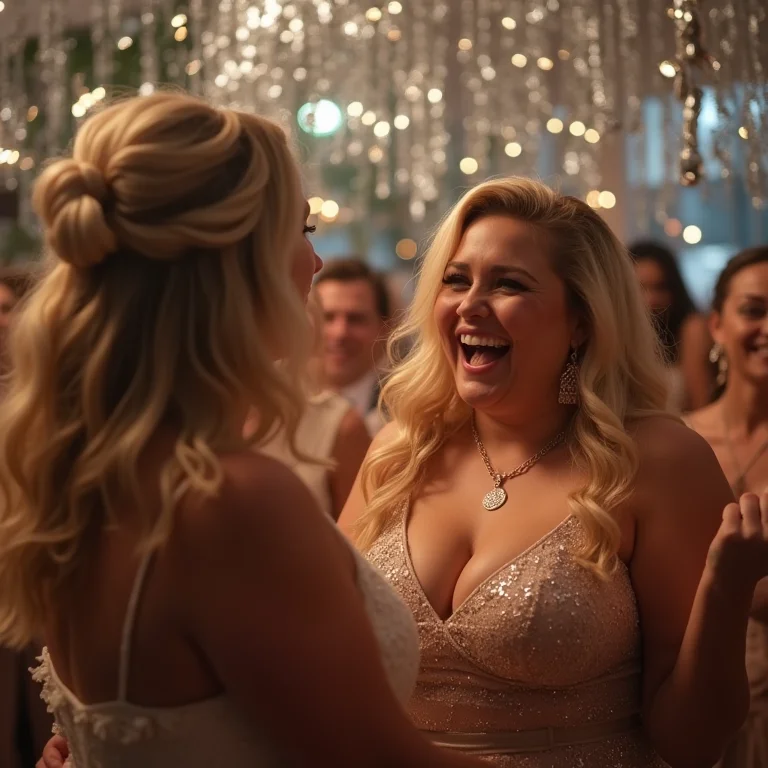 Mulher branca plus-size celebrando bodas de prata com alegria.