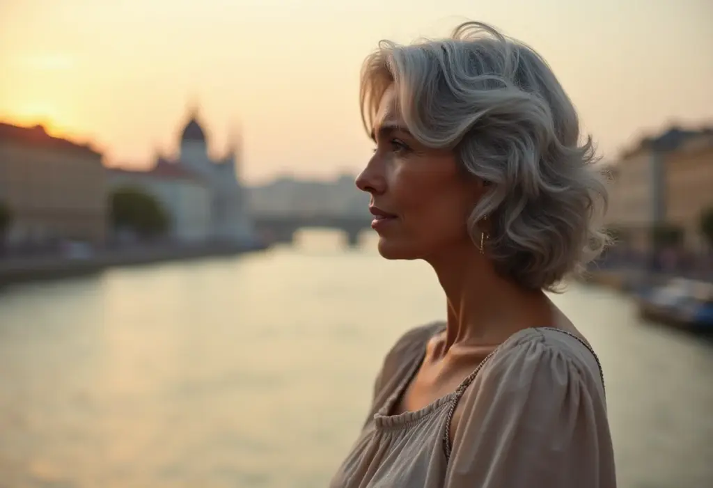 Mulher brasileira admirando o Rio Danúbio em Budapeste ao pôr do sol.