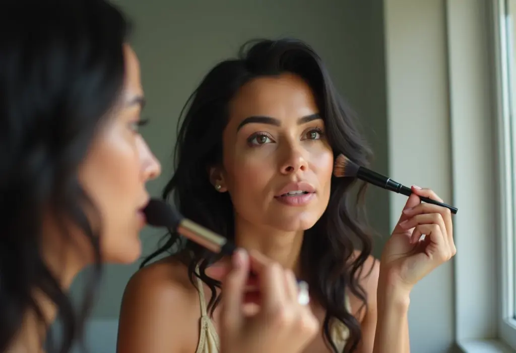 Mulher brasileira aplicando maquiagem de contorno.