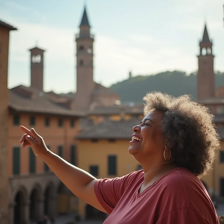 Mulher brasileira apreciando a Piazza della Cisterna em San Gimignano