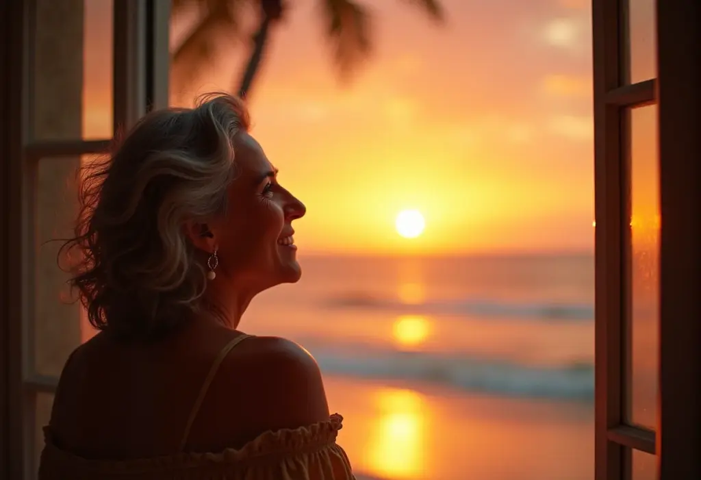 As imagens mais belas do mundo: um tour visual de tirar o fôlego Mulher brasileira apreciando o pôr do sol em uma praia tropical.