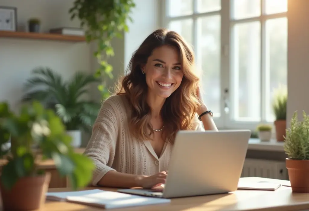 Mulher brasileira confiante trabalhando em escritório moderno e bem decorado.