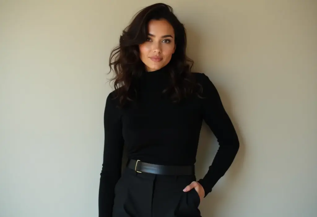 Looks com blusa de gola alta: 5 truques de styling que alongam a silhueta Mulher brasileira confiante usando gola alta preta