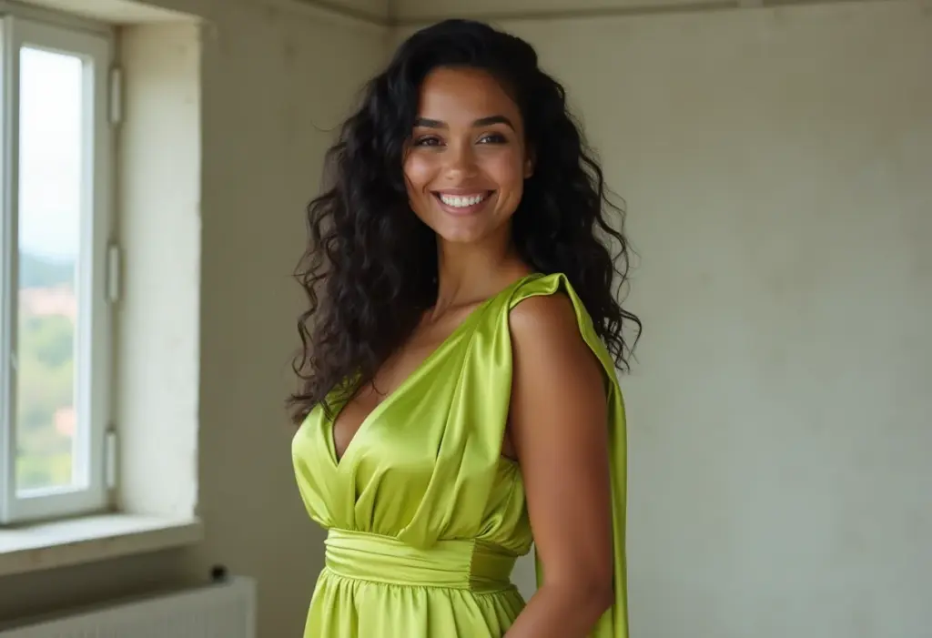 Verde Lima: 5 looks que provam que essa cor vibrante veio para ficar Mulher brasileira confiante vestindo um elegante vestido verde lima