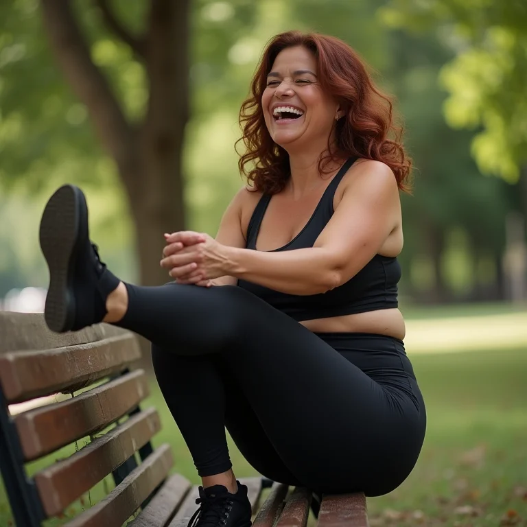 Mulher brasileira de meia-idade alongando-se no parque com legging confortável.