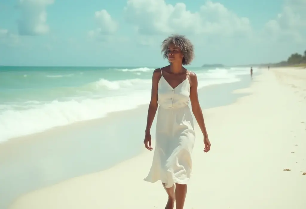 Mulher brasileira de meia-idade caminhando em praia paradisíaca do Nordeste