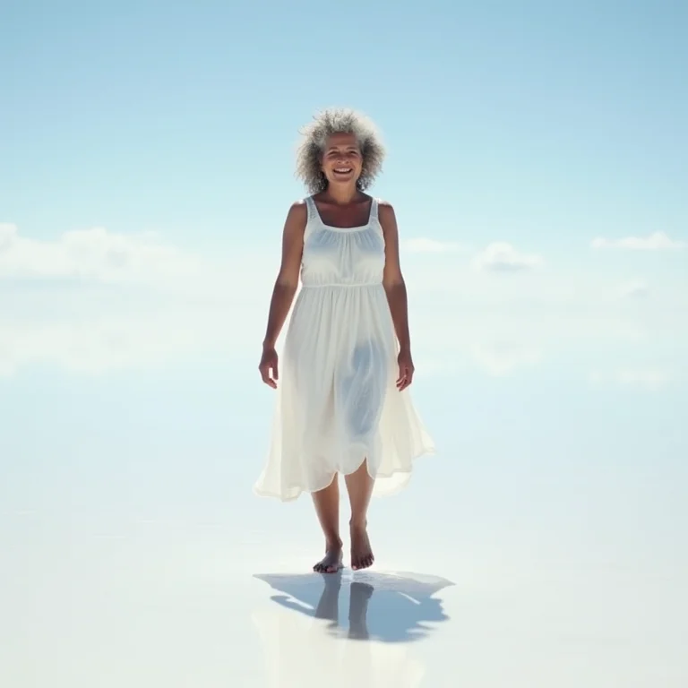 Mulher brasileira de meia-idade caminhando no Salar de Uyuni, Bolívia.