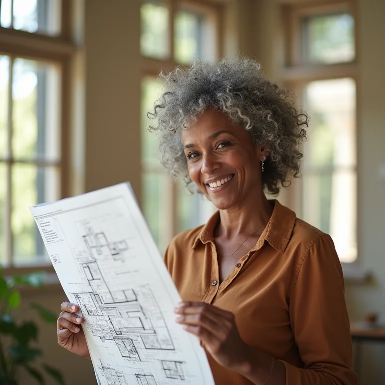 Mulher brasileira de meia-idade, com cabelos cacheados grisalhos, examinando a planta de uma casa com design bioclimático.