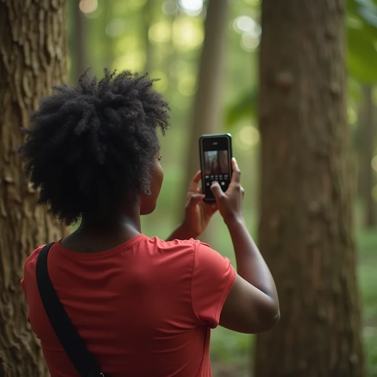 Mulher brasileira de meia-idade fotografando no Bosque de Arrayanes, Villa La Angostura.