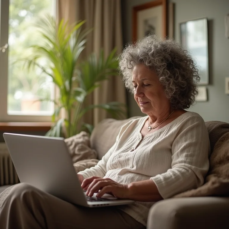 Mulher brasileira de meia-idade reservando hotel no laptop.