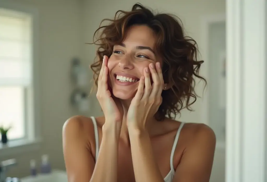 Mulher brasileira fazendo auto massagem facial com jade roller.