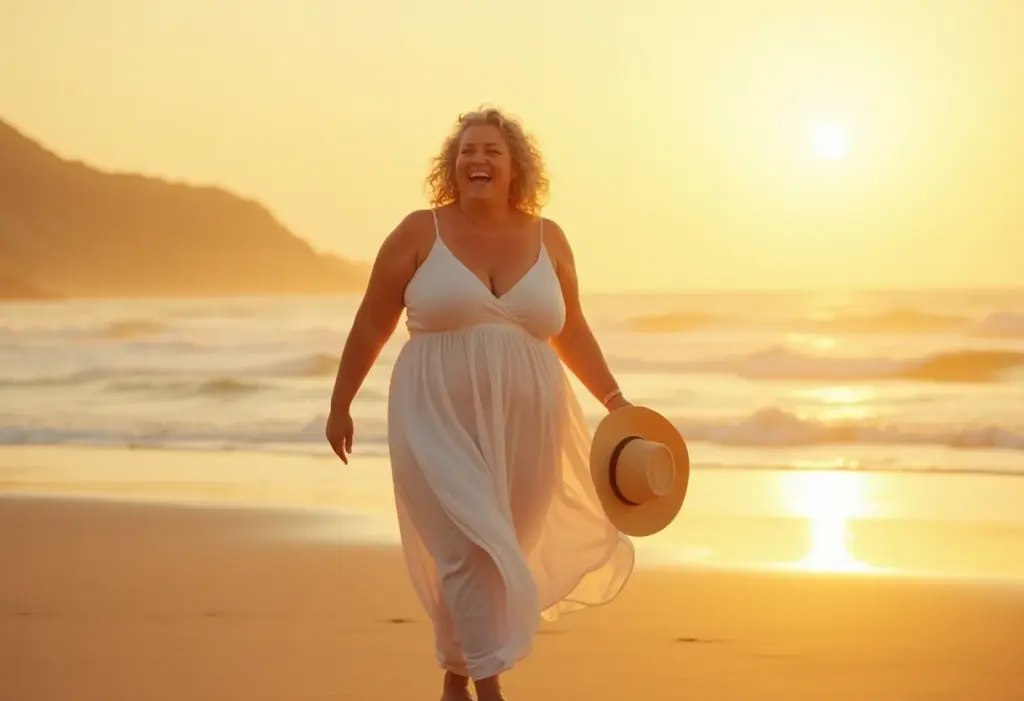 Looks para o Ano Novo na Praia: Guia Completo Para Arrasar Mulher brasileira plus-size aproveitando o Ano Novo na praia