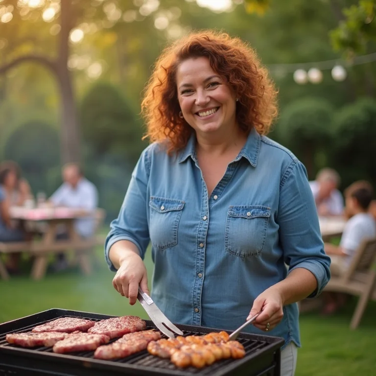 Mulher brasileira plus-size preparando churrasco.