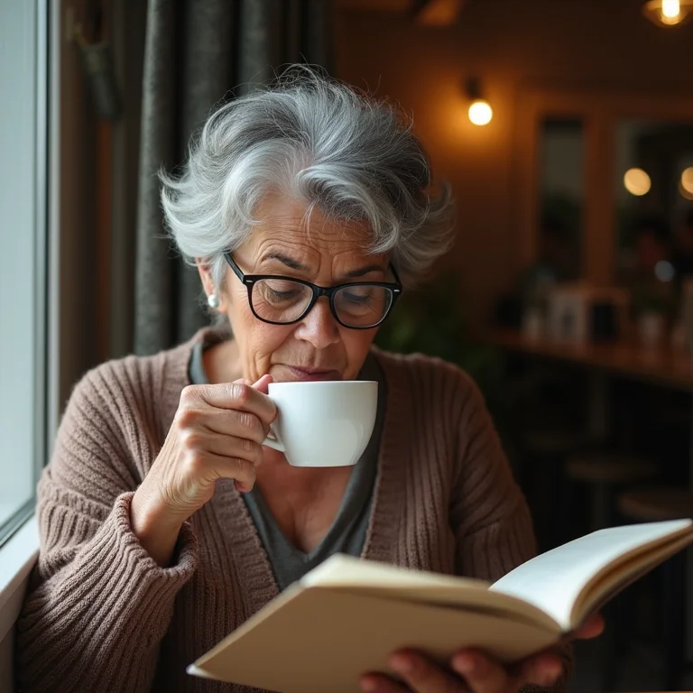 Mulher brasileira sênior aproveitando um café em Mérida