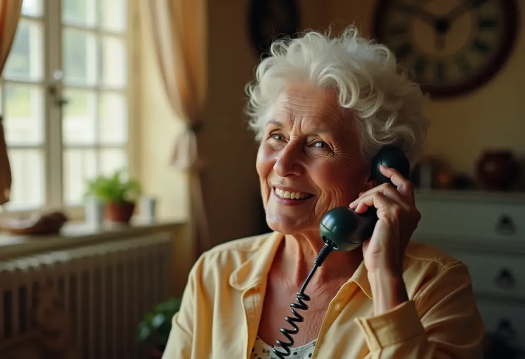 Mulher brasileira sênior usando telefone fixo antigo