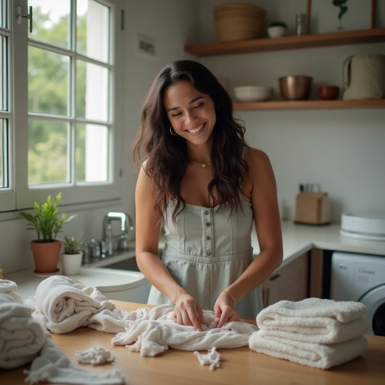 Mulher brasileira separando roupas com praticidade em lavanderia moderna.