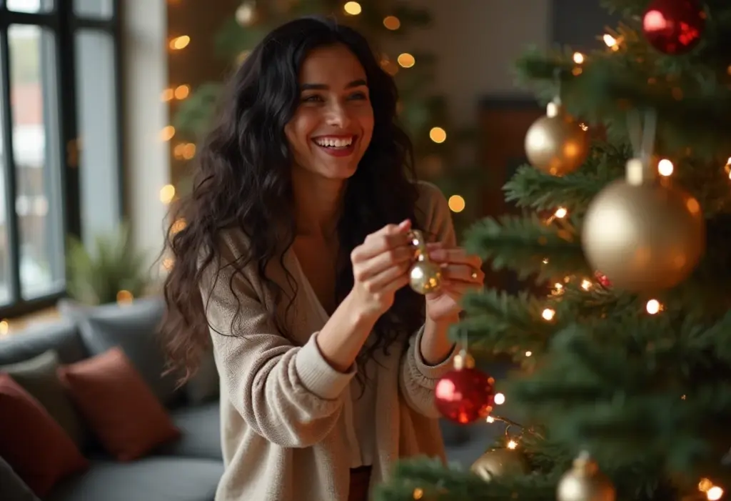 Looks para o Natal: Guia completo para arrasar na ceia Mulher brasileira sorrindo ao decorar árvore de Natal com estilo