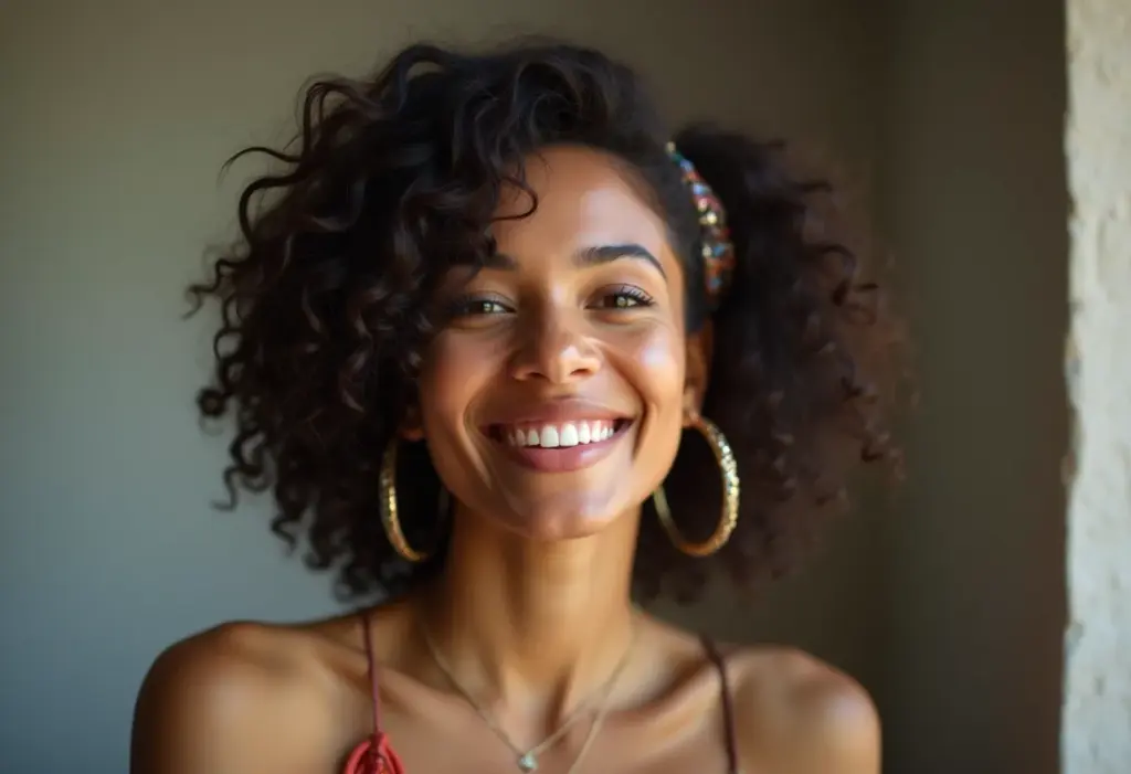 Acessórios de cabelo: 5 erros que você precisa evitar JÁ Mulher brasileira sorrindo com acessórios de cabelo estilosos.