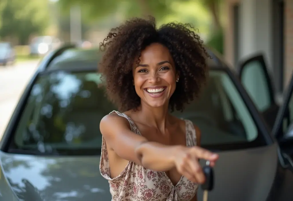Guia 4 Rodas: O que mudou e como escolher o carro ideal em 2024 Mulher brasileira sorrindo com chaves de carro novo
