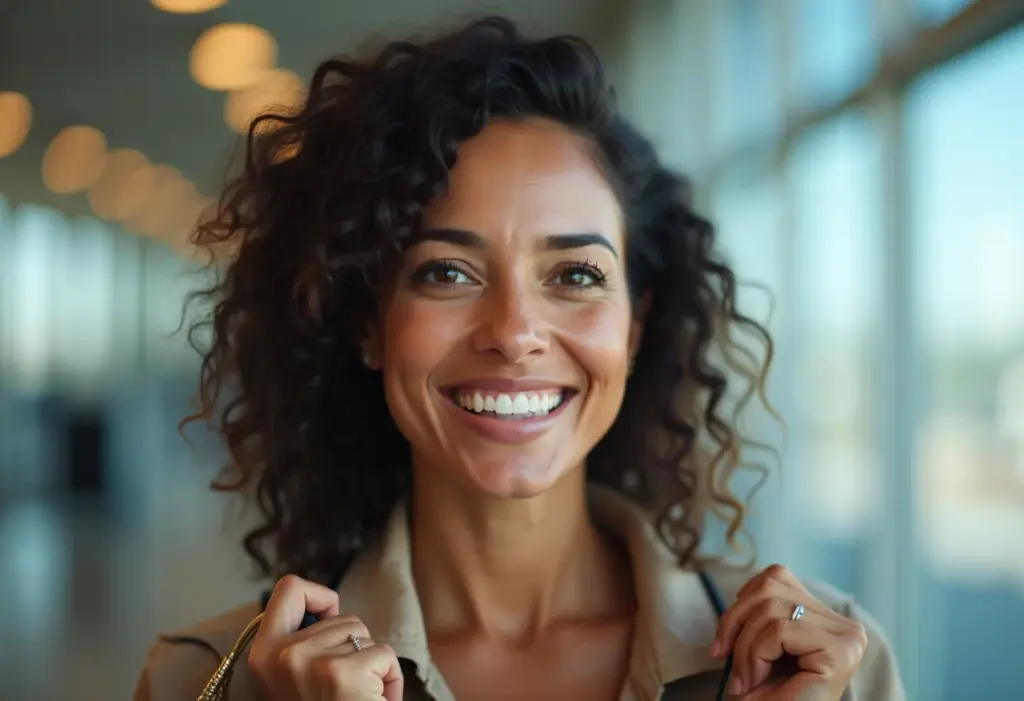 Mulher brasileira sorrindo com sacolas no aeroporto