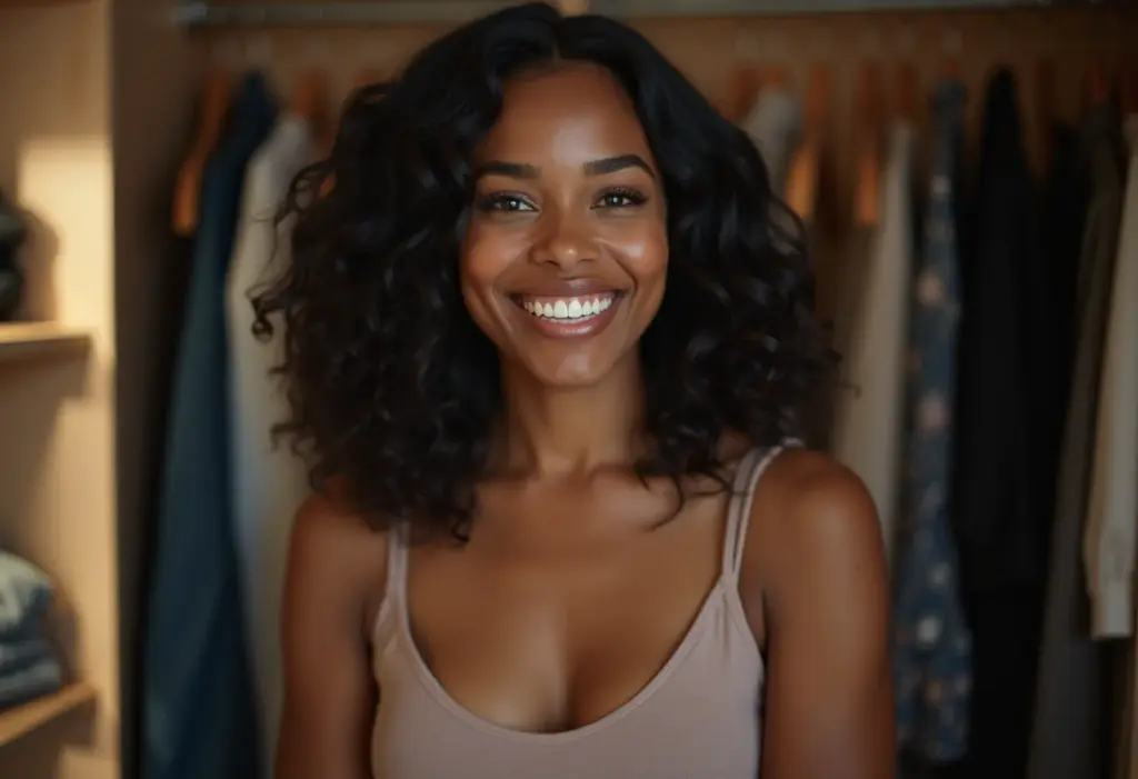 Mulher brasileira sorrindo em closet organizado e bem iluminado