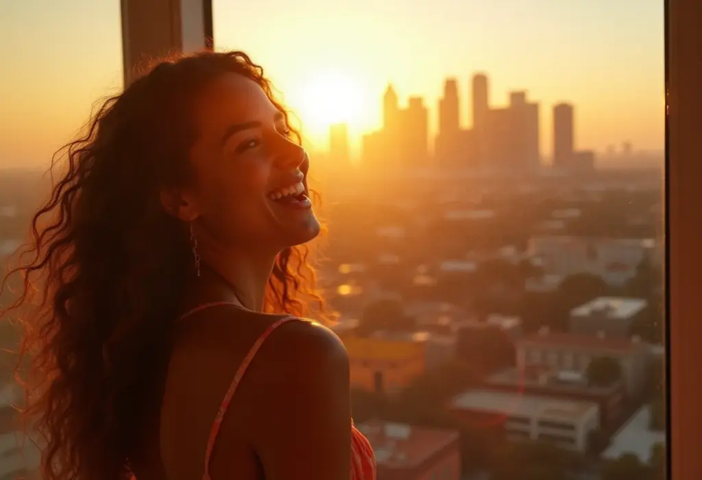 Los Angeles: As fotos IMPRESSIONANTES que você precisa ver AGORA! Mulher brasileira sorrindo em Los Angeles ao pôr do sol