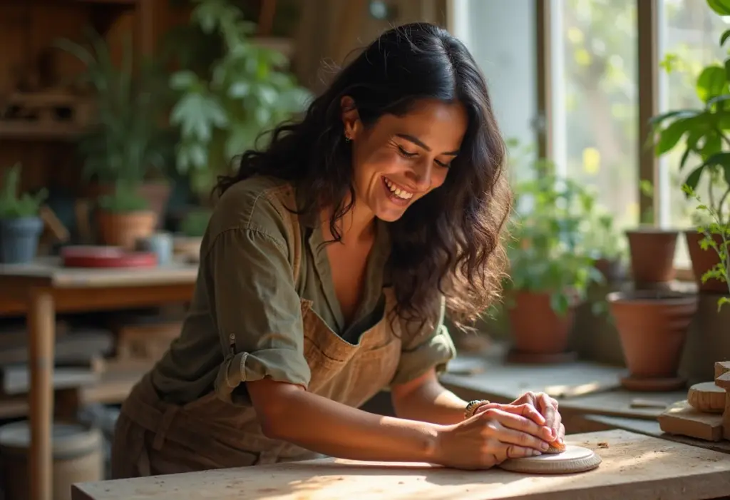 Mulher brasileira sorrindo em oficina de marcenaria criativa