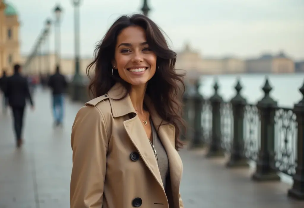 Mulher brasileira sorrindo em São Petersburgo.