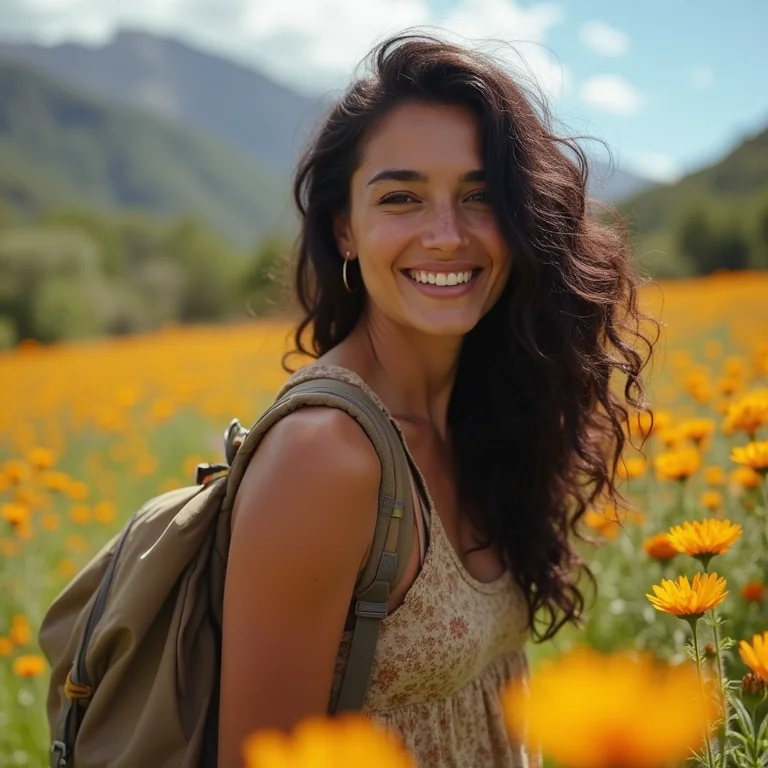 Mulher brasileira sorrindo em trilha na Patagônia durante a primavera