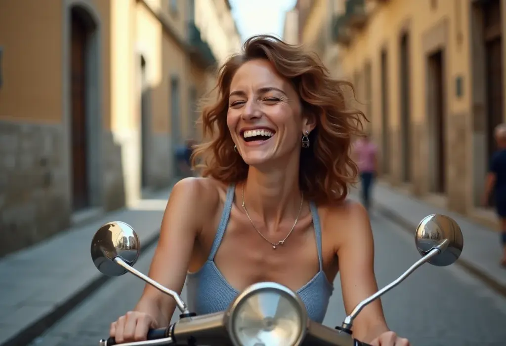 Florença: 5 segredos que só os moradores te contariam Mulher brasileira sorrindo em uma vespa pelas ruas de Florença