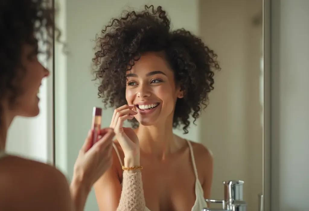 Gloss Labial: o segredo para lábios hidratados e volumosos Mulher brasileira sorrindo enquanto aplica gloss labial transparente