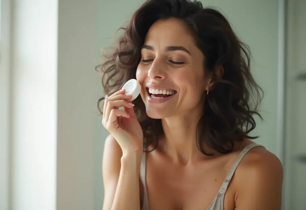 Inverno sem ressecamento: guia completo de cuidados com a pele Mulher brasileira sorrindo enquanto aplica hidratante no rosto