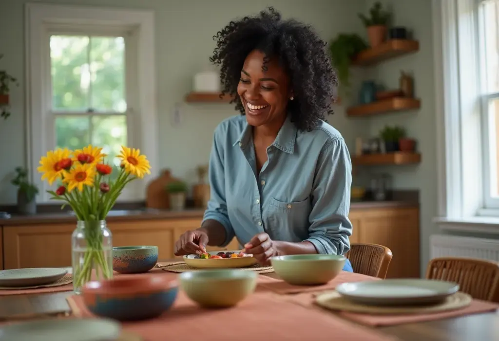 Mulher brasileira sorrindo enquanto prepara mesa de jantar para quatro pessoas.