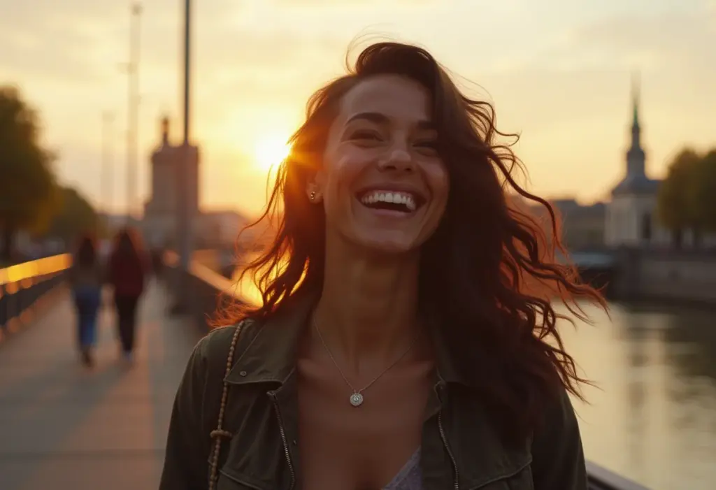 Dublin de tirar o fôlego: As fotos que você precisa ver antes de ir Mulher brasileira sorrindo na Ha'penny Bridge em Dublin ao pôr do sol.