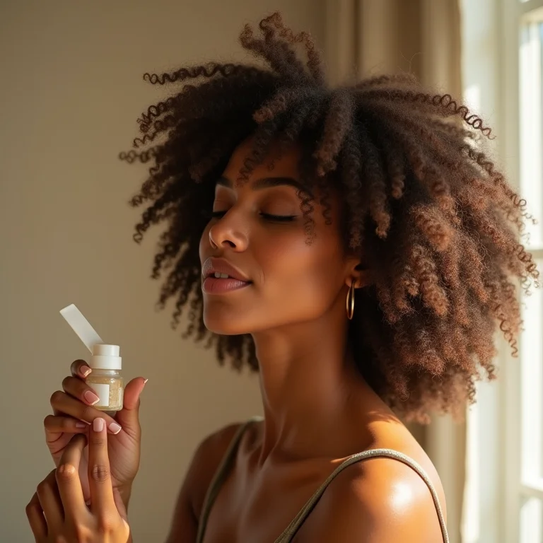 Mulher cacheada aplicando óleo de coco no cabelo