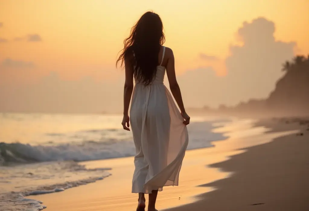 Costa do Sauípe: Descubra o paraíso secreto na Bahia! Mulher caminhando na praia ao pôr do sol em Costa do Sauípe