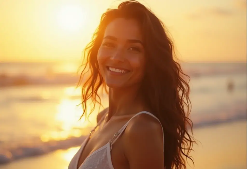 Mulher caminhando na Praia do Rosa ao pôr do sol