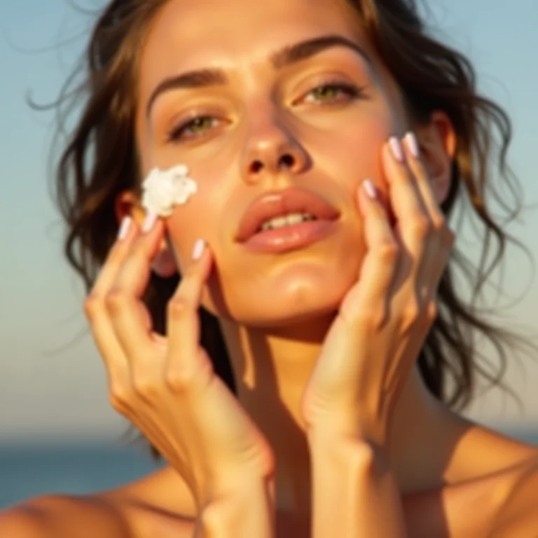 Mulher caucasiana aplicando protetor solar no rosto.