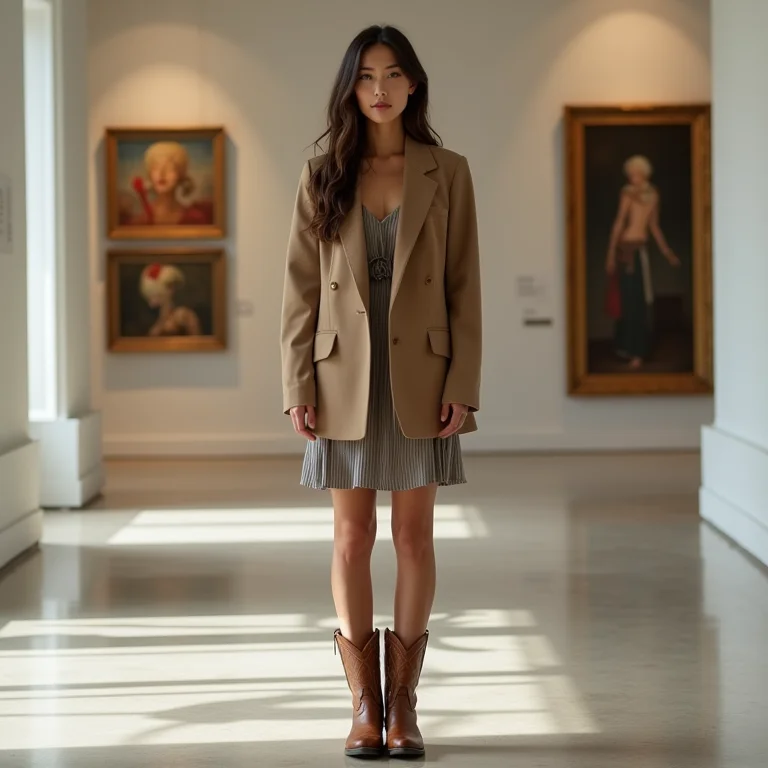 Mulher com blazer, vestido e bota de cowboy em frente a galeria de arte moderna